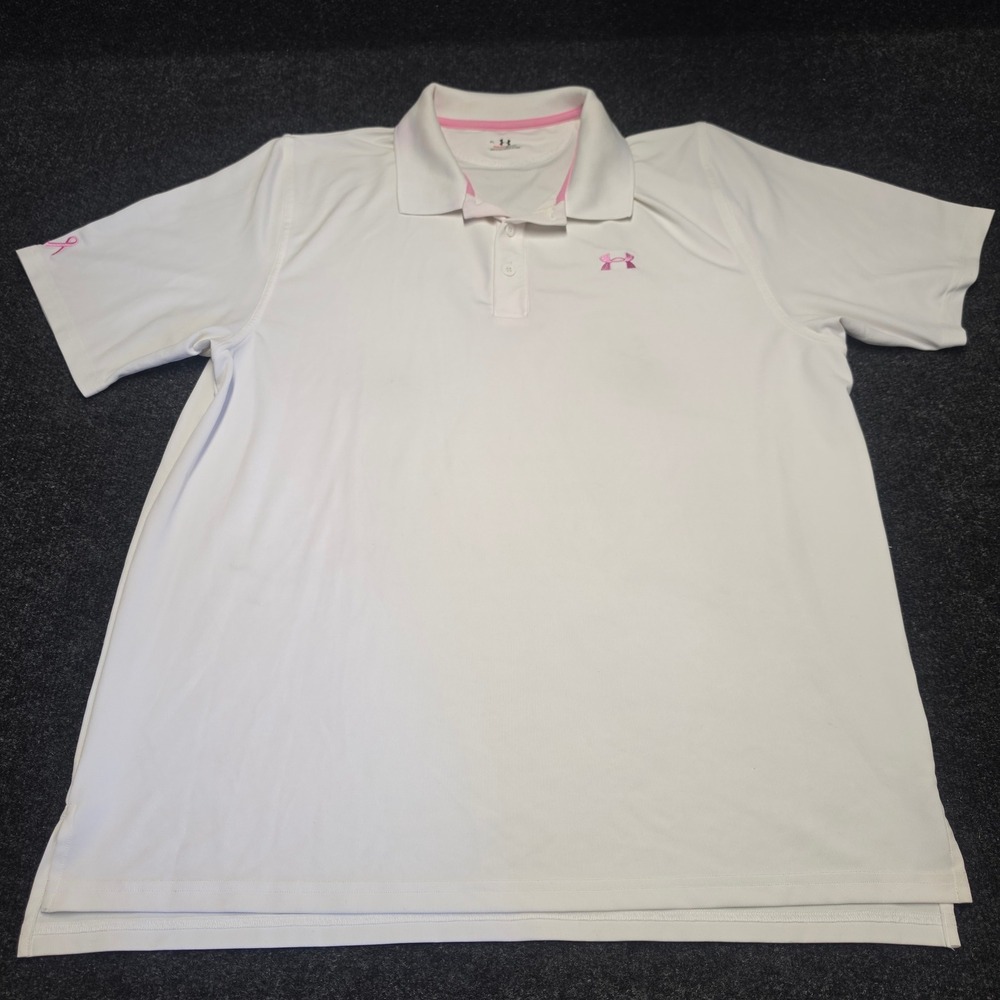 Under Armour HeatGear Polo Mens XL White Pink Breast Cancer Awareness Ribbon